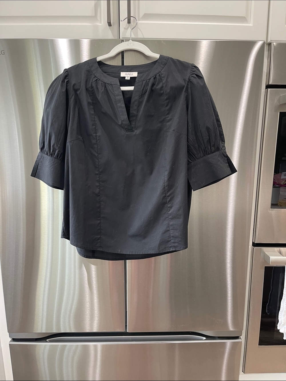 ADARA Black Short-Sleeve Split-Neck Puff Blouse